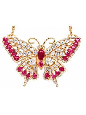 GIA Certified No Heat Ruby Diamond Butterfly Necklace 18kt Gold 95559